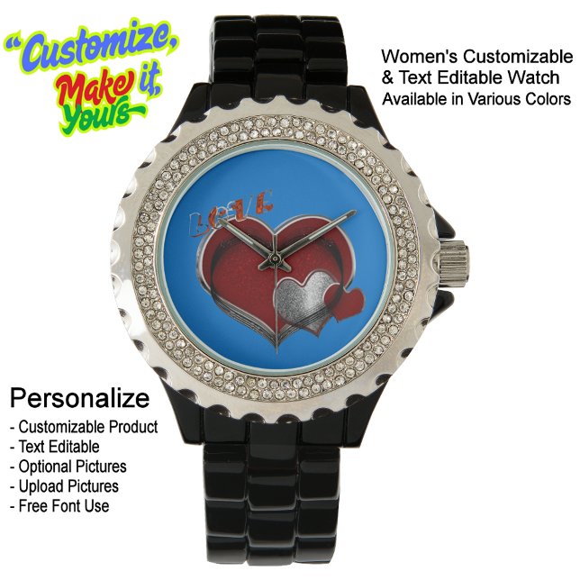 Heart Magic Blue Rhinestone Black Enamel Watch (Women's Heart Magic Black Rhinestone Enamel Watch Featuring a Blue Face.)