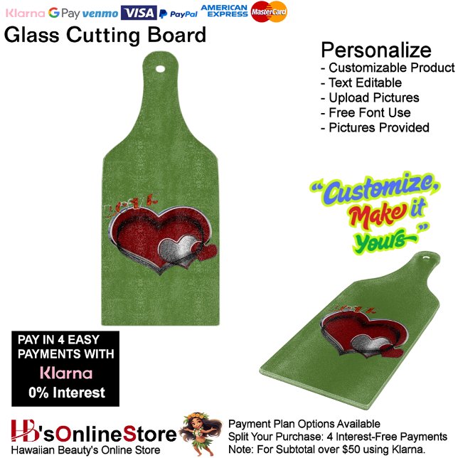 Heart Magic Green Glass Cutting Board Paddle (Love Heart Green Cooking Kitchen Glass Cutting Board.)