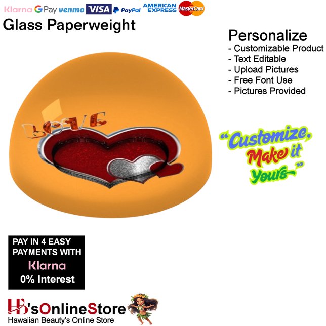 Heart Magic Orange Paperweight Dome (Heart Magic Dome Glass Orange Paperweight.)