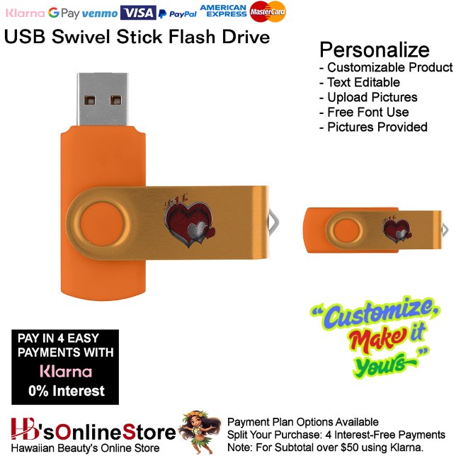 Heart Magic Orange USB Swivel Flash Drive Stick 8  (Love Heart Orange Flash Drive Stick for Home Office School & Business.)