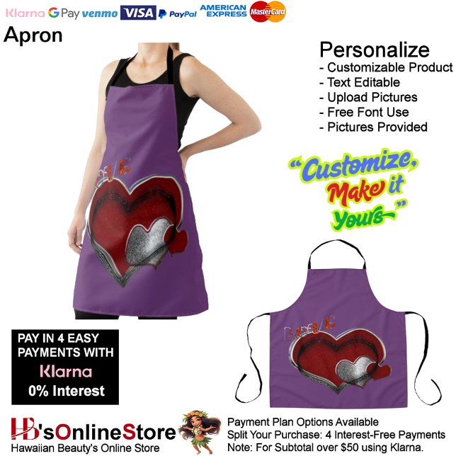 Heart Magic Purple Large Apron (Love Heart Purple Kitchen Cooking Mess Free Large Apron.)