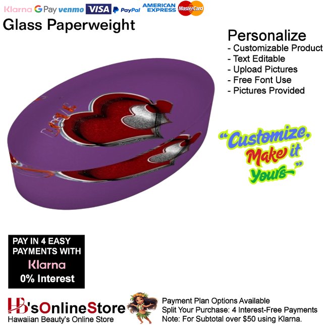 Heart Magic Purple Paperweight Oval (Heart Magic Oval Glass Purple Paperweight.)