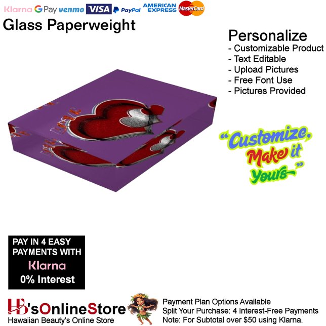 Heart Magic Purple Paperweight Rectangle (Heart Magic Rectangle Glass Purple Paperweight.)