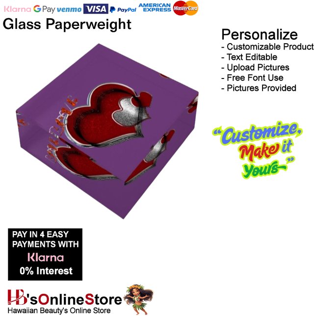 Heart Magic Purple Paperweight Square (Heart Magic Square Glass Purple Paperweight.)