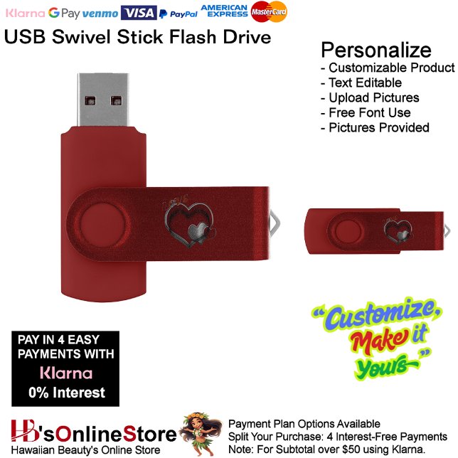 Heart Magic Red USB Swivel Flash Drive 64 GB (Love Heart Red Flash Drive Stick for Home Office School & Business.)