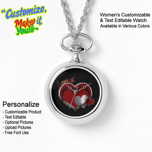 Heart Magic Silver Necklace Watch Black Face (Women's Heart Magic Silver Necklace Watch Featuring a Black Face.)