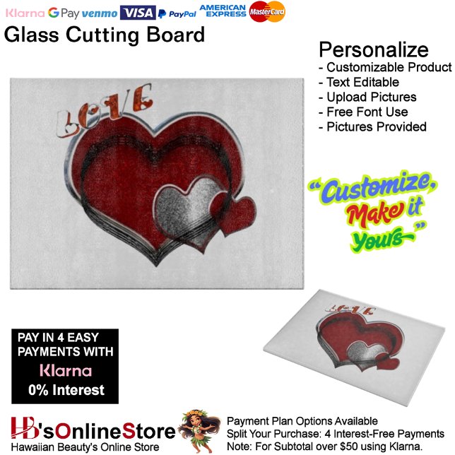 Heart Magic White Glass Cutting Board 38.1x27.9cm (Love Heart White Kitchen Cooking Glass Cutting Board.)