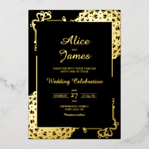 Heart Mandala Frame Black Gold Foil Indian Wedding Invitation