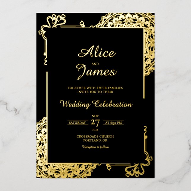 Heart Mandala Frame Black Gold Foil Indian Wedding Invitation (Front)