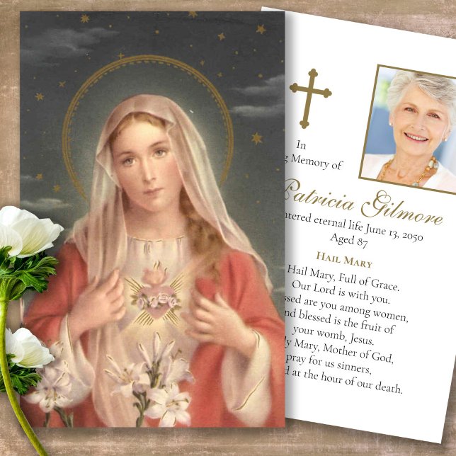 Heart Mary Funeral Memorial Prayer Sympathy Cards (catholic, religious, celebration of life, in loving memory of, prayer cards for bereavement)