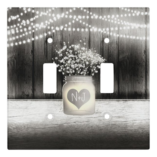 Heart Mason Jar & Baby's Breath Rustic Farmhouse Light Switch Cover (Front)