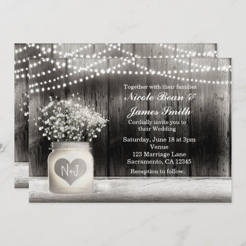 Heart Mason Jar  Babys Breath Rustic Invitations