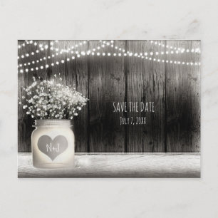 Heart Mason Jar & Baby's Breath Rustic Save Date Announcement Postcard