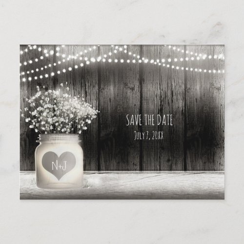 Heart Mason Jar  Babys Breath Rustic Save Date Announcement Postcard