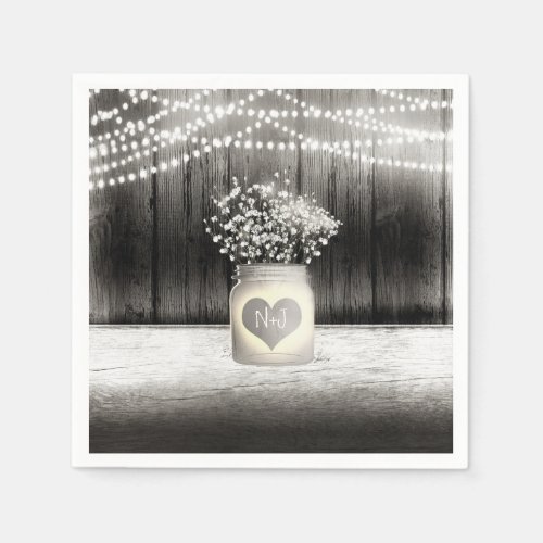 Heart Mason Jar  Babys Breath Rustic Wedding Napkins