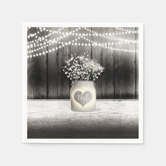 Heart Mason Jar & Baby's Breath Rustic Wedding Napkins (Front)