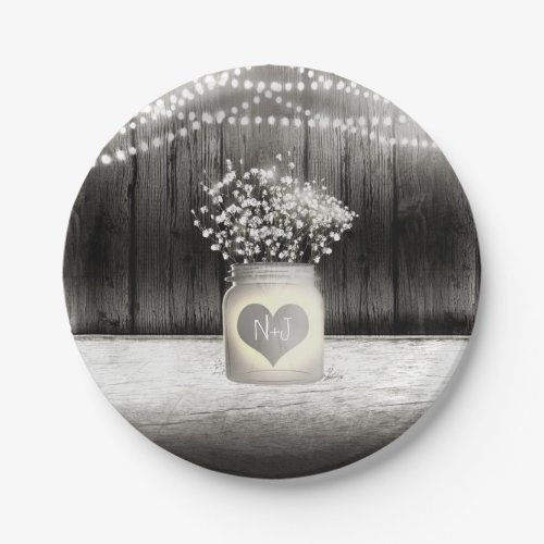 Heart Mason Jar  Babys Breath Rustic Wedding Paper Plates