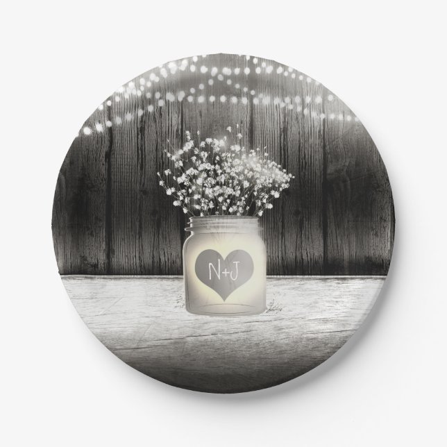 Heart Mason Jar & Baby's Breath Rustic Wedding Paper Plates (Front)