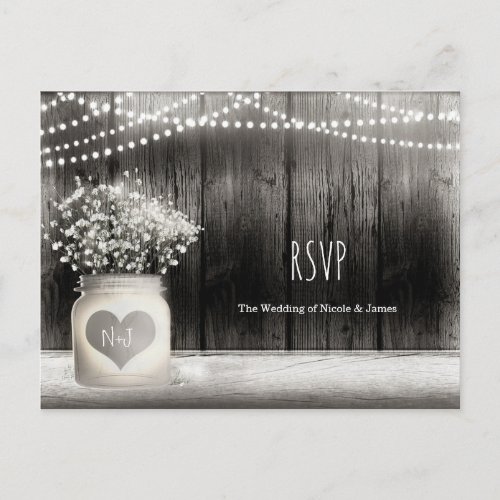 Heart Mason Jar  Babys Breath Rustic Wedding RSVP Invitation Postcard