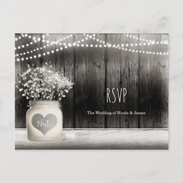 Heart Mason Jar & Babys Breath Rustic Wedding RSVP Invitation Postcard (Front)