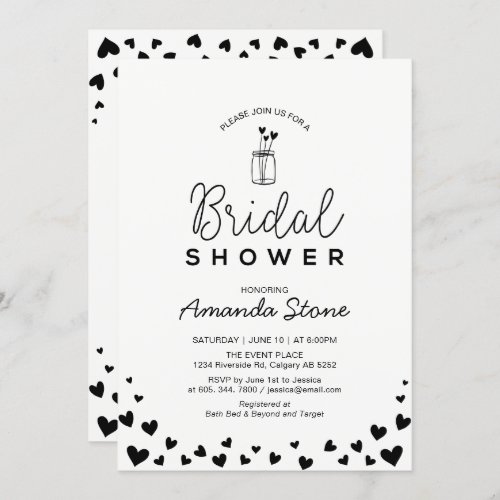 Heart  Mason Jar Chic Black Bridal Shower Invitation