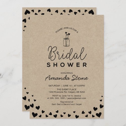 Heart  Mason Jar Chic Kraft Black Bridal Shower Invitation