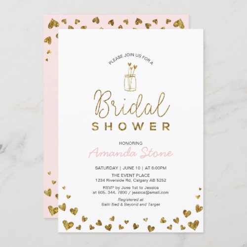 Heart  Mason Jar Gold  Blush Pink Bridal Shower Invitation