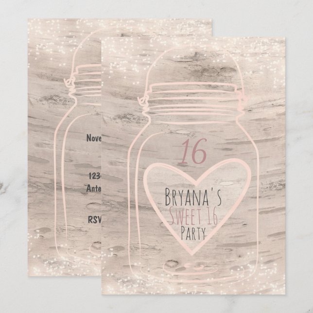 Heart Mason Jar & Lights Birch Sweet 16 Invitation (Front/Back)