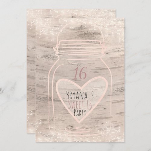 Heart Mason Jar  Lights Birch Sweet 16 Invitation