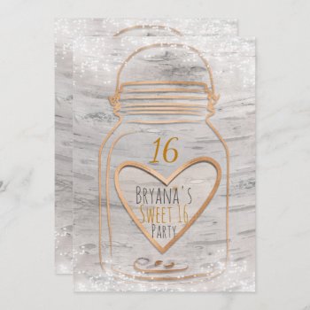 Heart Mason Jar & Lights Birch Sweet 16 Invitation by printabledigidesigns at Zazzle