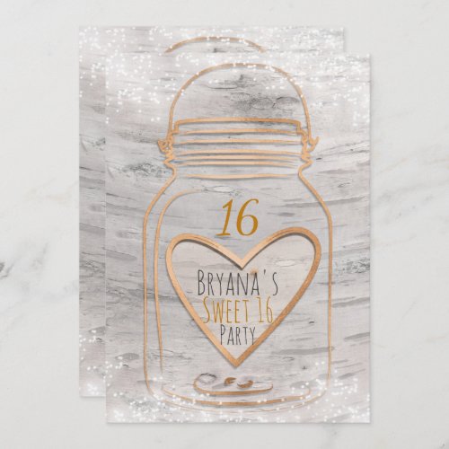 Heart Mason Jar  Lights Birch Sweet 16 Invitation