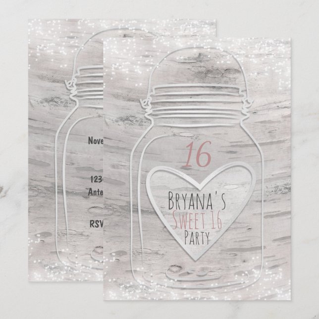 Heart Mason Jar & Lights Birch Sweet 16 Invitation (Front/Back)