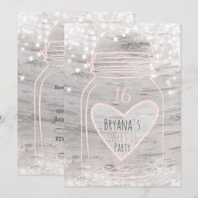 Heart Mason Jar & Lights Birch Sweet 16 Invitation (Front/Back)
