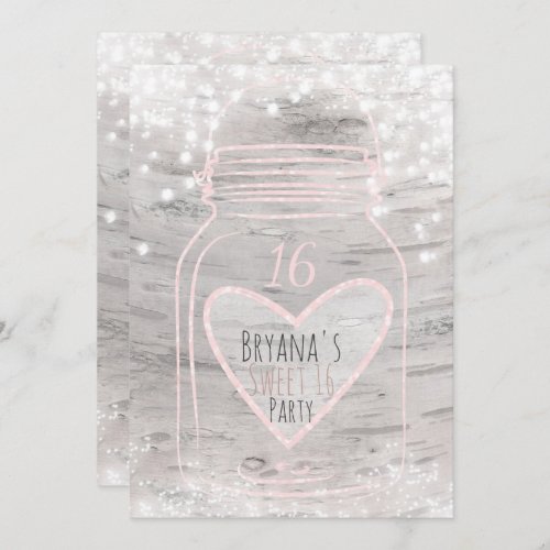 Heart Mason Jar  Lights Birch Sweet 16 Invitation