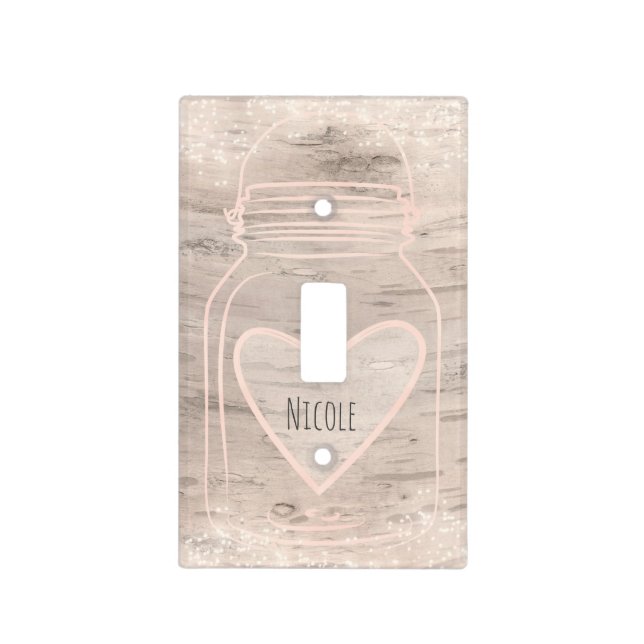 Heart Mason Jar & Sparkle Lights Birch Tree Wood Light Switch Cover (Front)