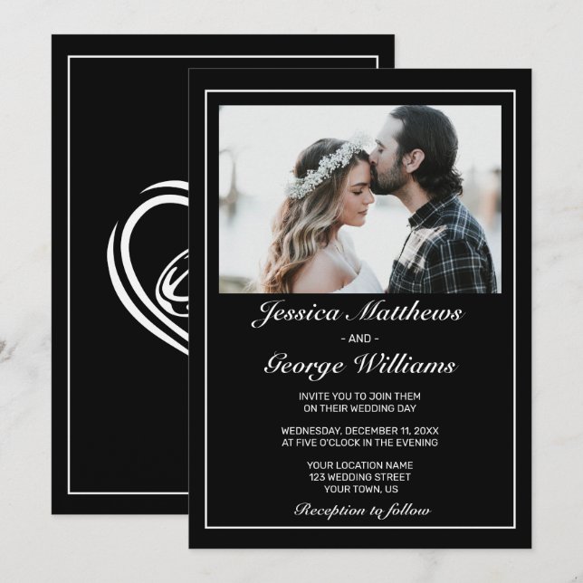 Heart Modern Minimalist Black Photo Wedding Invitation (Front/Back)