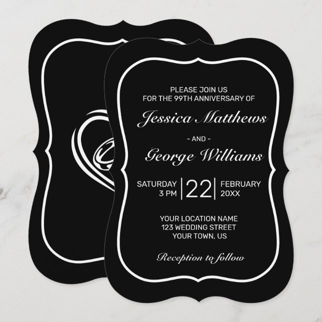Heart Modern Minimalist White Black Anniversary Invitation (Front/Back)