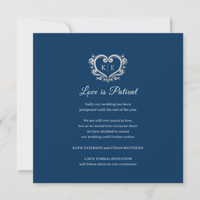 Heart monogram canceled wedding love patient blue announcement (Front)
