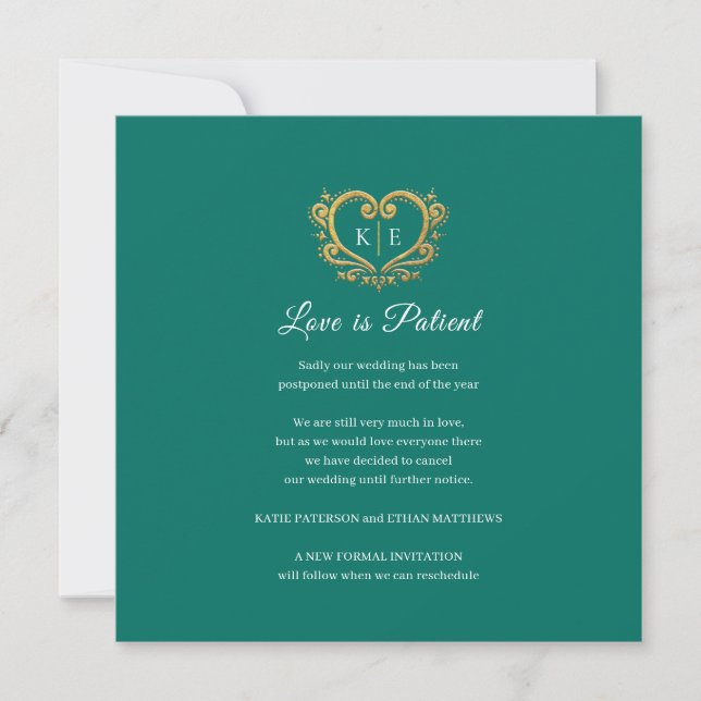 Heart monogram canceled wedding love patient green announcement (Front)