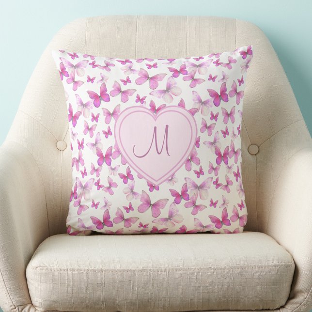 Heart Monogram Cute Pink Butterfly Throw Pillow (Creator Uploaded)