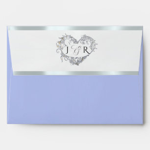 Heart Monogram & Flower- Blue/Silver Wedding Envelope