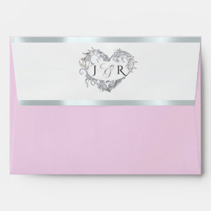 Heart Monogram & Flower- Pink/Silver Wedding Envelope