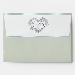 Heart Monogram & Flower- Sage/Silver Wedding Envelope