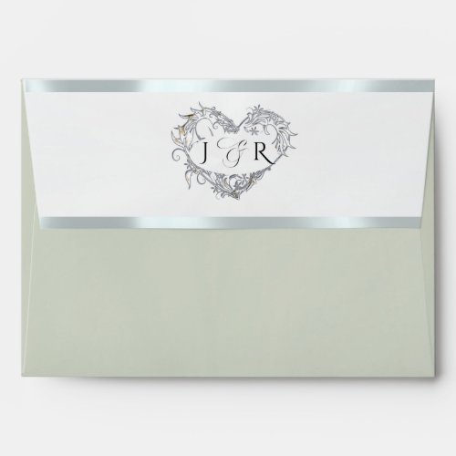Heart Monogram & Flower- Sage/Silver Wedding Envelope