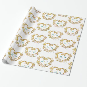 Heart monogram gold dark green on white wedding wrapping paper