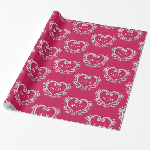 Heart monogram gold on berry red wedding wrapping paper