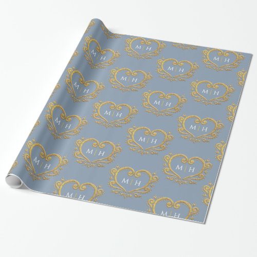 Heart monogram gold on dusty blue wedding wrapping paper