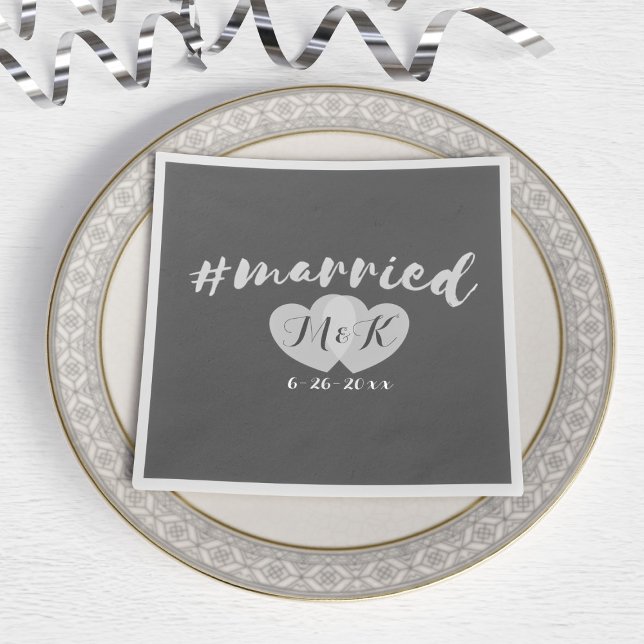 Heart Monogram Hashtag Married Wedding Napkins (Add your initials and wedding date to these black and white wedding napkins)