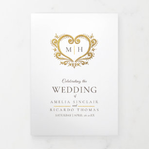 Heart monogram photo gold brown wedding program