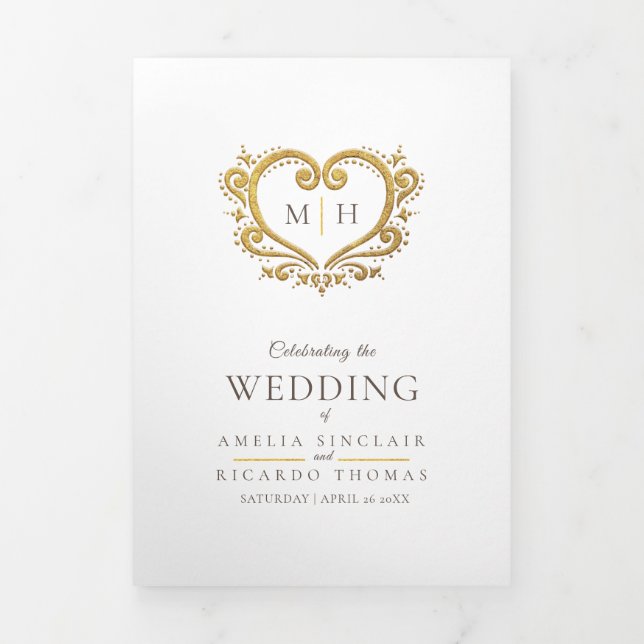 Heart monogram photo gold brown wedding program (Cover)
